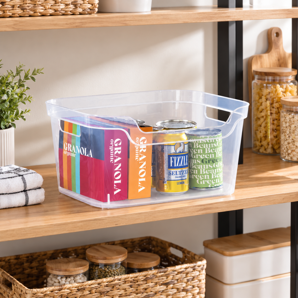 Clear Scoop-Front Storage Bin